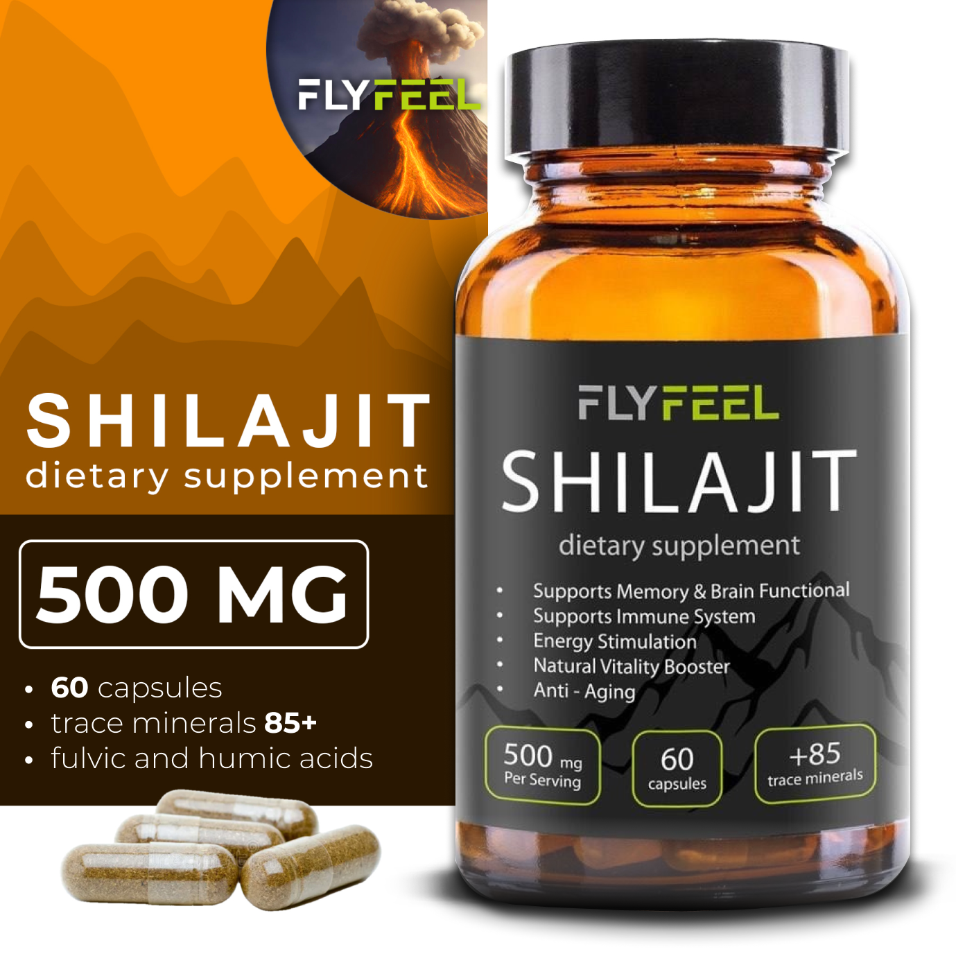 FlyFeel Shilajit - Pure Mumijo - 60 Capsules (500 mg).
