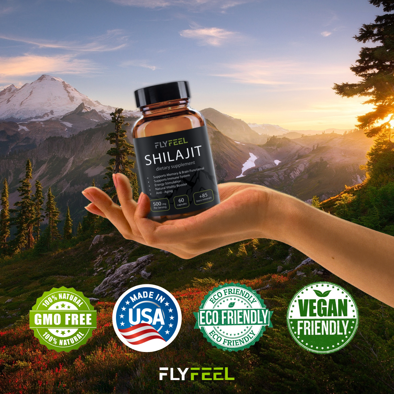FlyFeel Shilajit - Pure Mumijo - 60 Capsules (500 mg).
