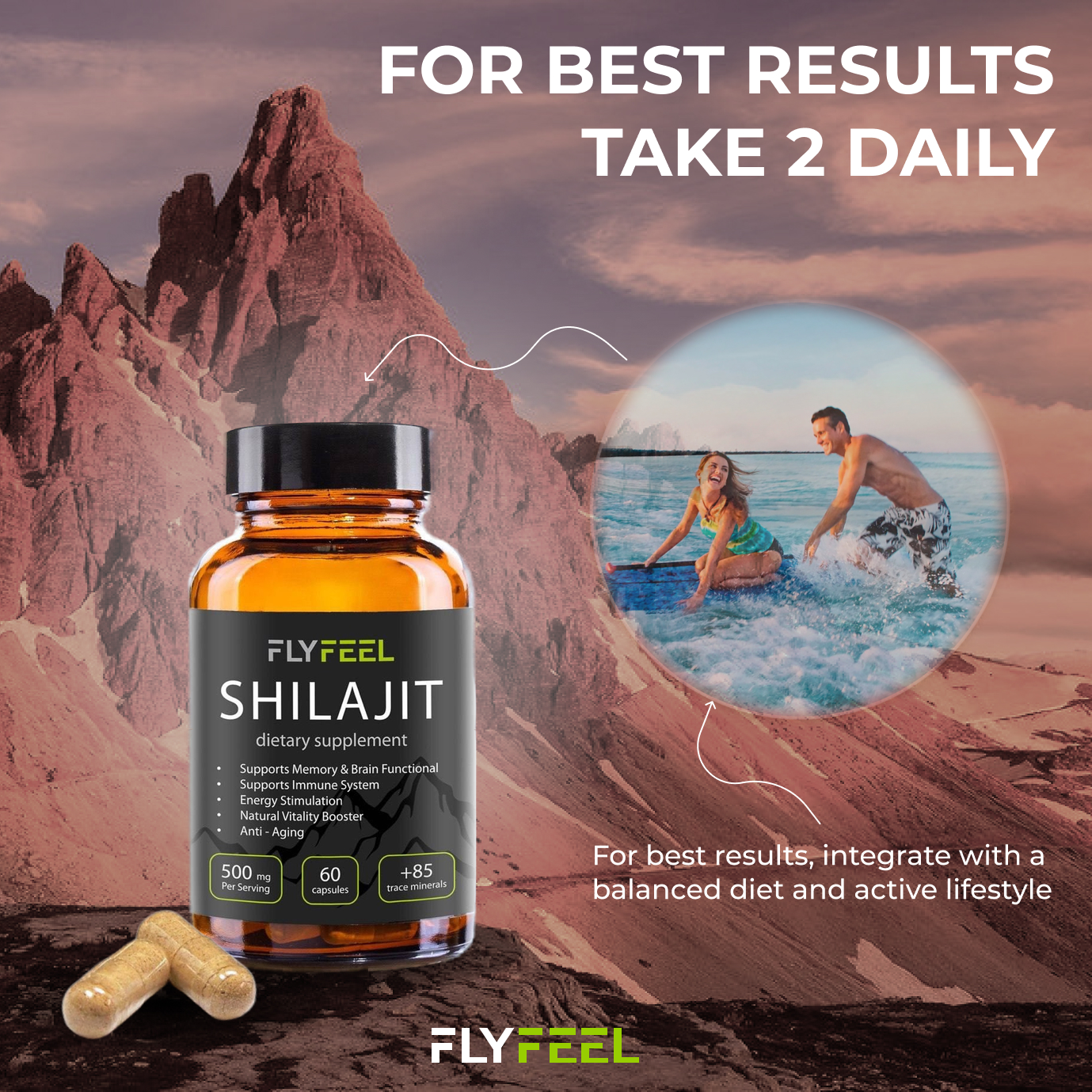 FlyFeel Shilajit - Pure Mumijo - 60 Capsules (500 mg).
