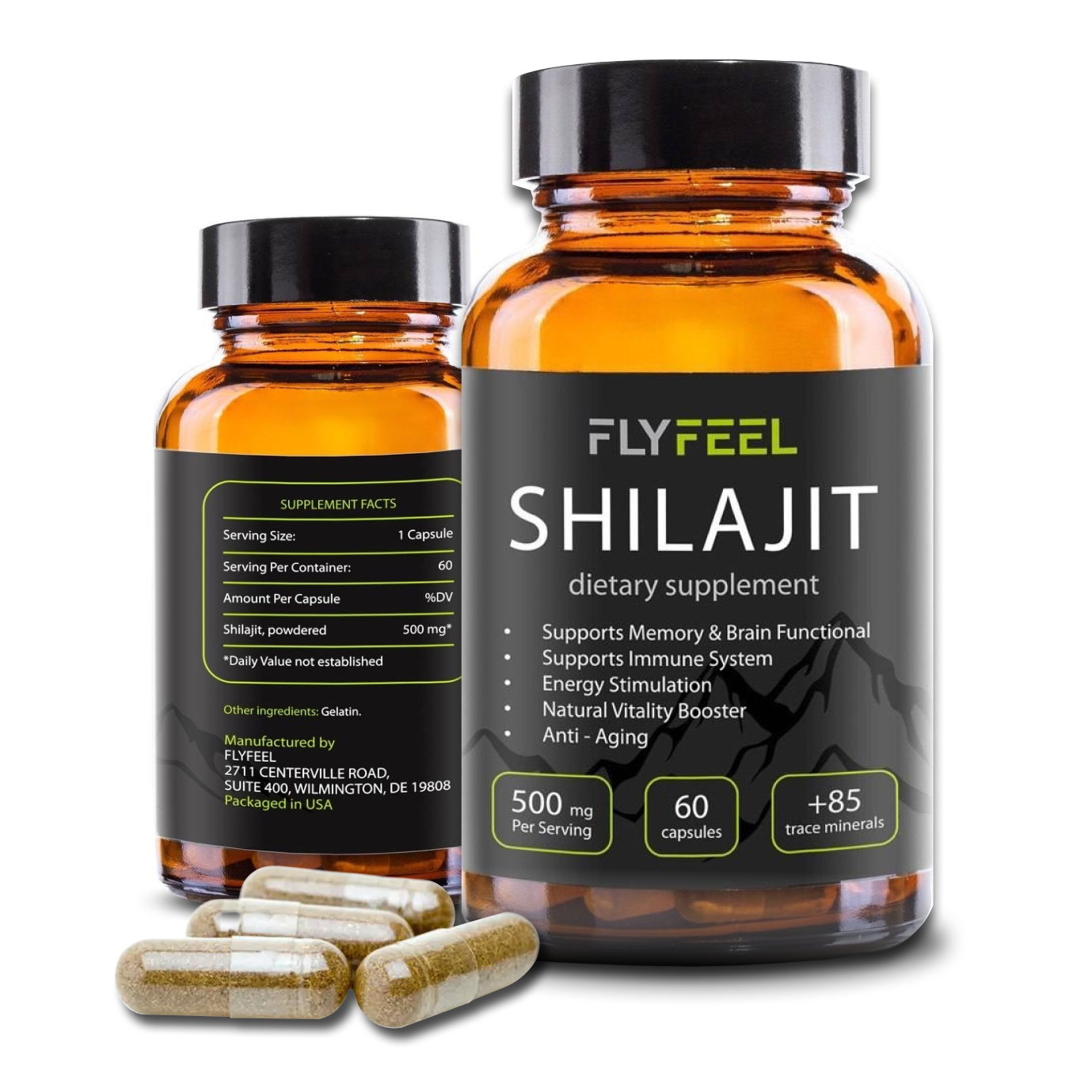 FlyFeel Shilajit - Pure Mumijo - 60 Capsules (500 mg).
